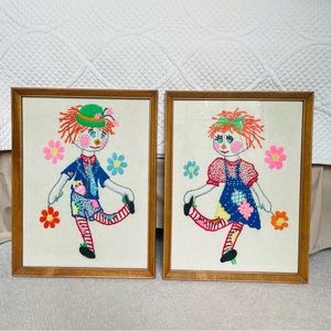 Vintage Framed Embroidered Crewel Rag Doll Set Children’s Nursery
